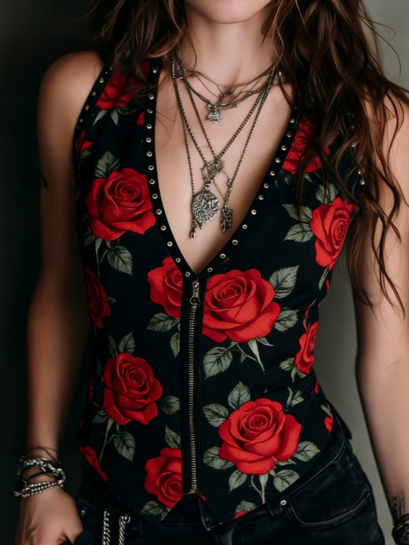 Women's V-neck Zipper Sleeveless Slim-fit Short Vest - cas7m