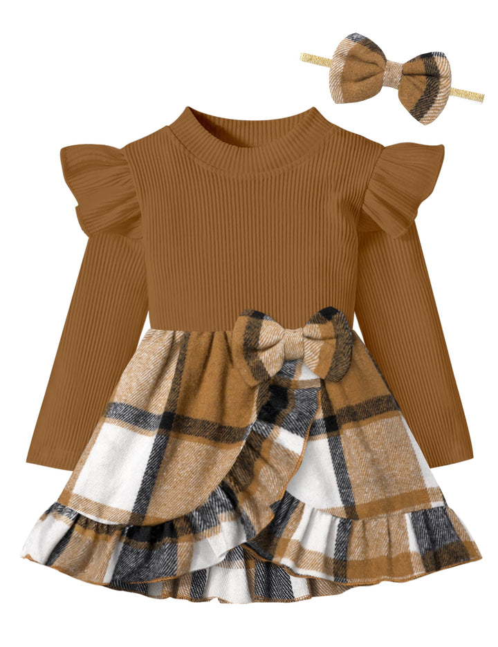 Brown ribbed top and plaid skirt set with matching headband on a white background