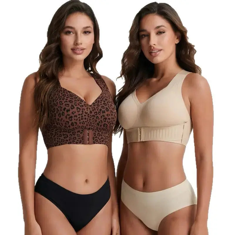 Two women modeling two-piece swimwear sets against a plain white background. The woman on the left wears a brown leopard-print halter bikini top with black bottoms, and the woman on the right wears a beige V-neck bikini top with beige bottoms.