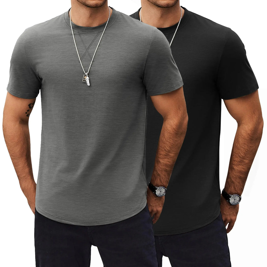 Two men modeling short-sleeve crew-neck t-shirts, with one in heather gray in front and one in black behind, both wearing silver necklaces and dark pants against a plain white background.