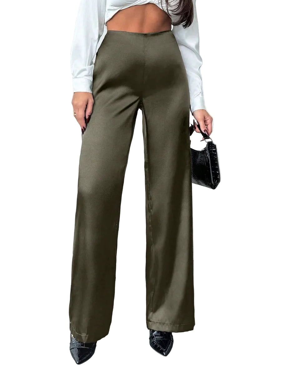 Women's Solid-Colored Casual Loose Satin Wide-Leg Pants - cas7m
