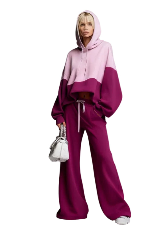 Color-blocked Hoodie And Wide-leg Pants Two-piece Set - cas7m