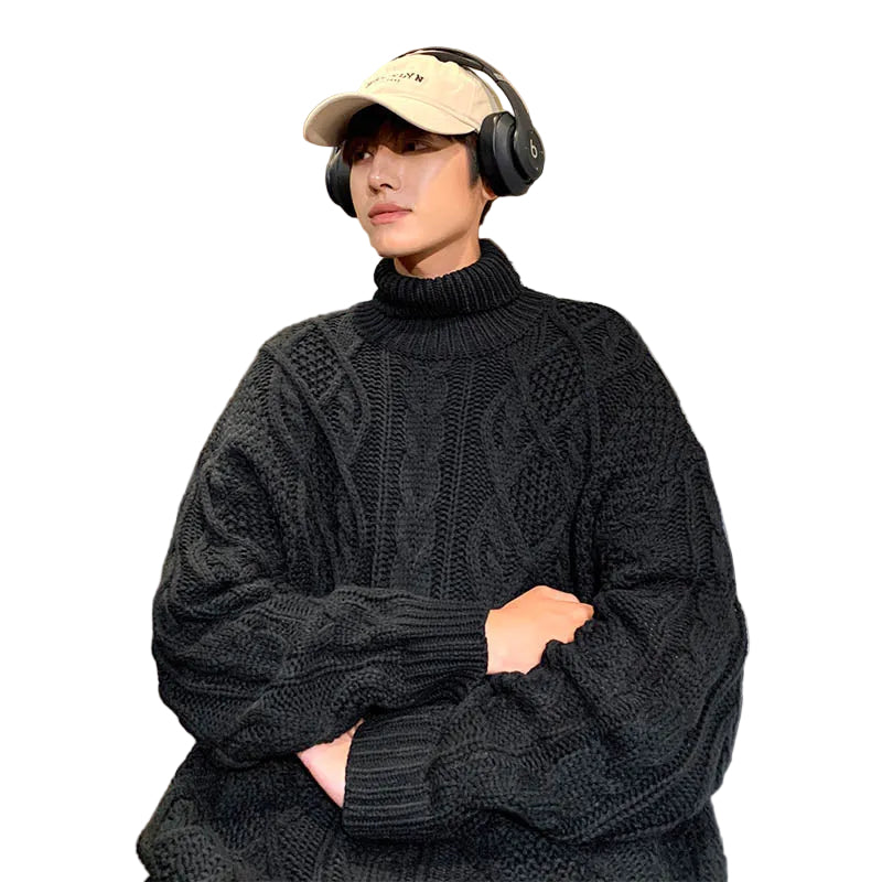 Japanese-style Retro Green Jacquard Turtleneck Sweater - cas7m