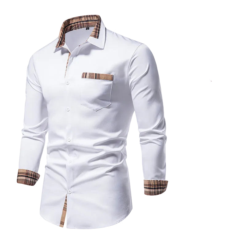 Men's Casual Long Sleeve Formal Wear Plaid Collar Button Shirt - cas7m