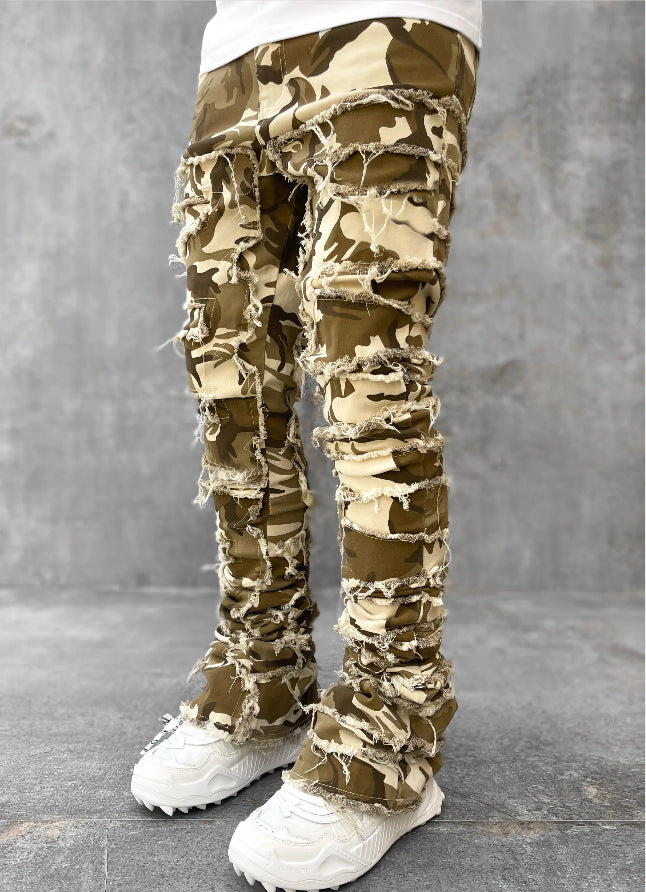 Ins Fringes Ripped Trousers Individual Patched Pants Long Tight Fit Stacked Jeans For Mens Clothing - cas7m