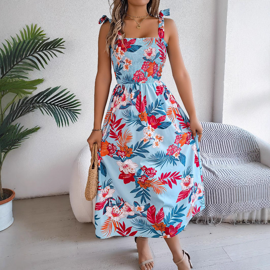 Flowers Print Suspender Corset Dress Ins Fashion Holiday Beach Long Dresses Summer Clothing For Women - cas7m