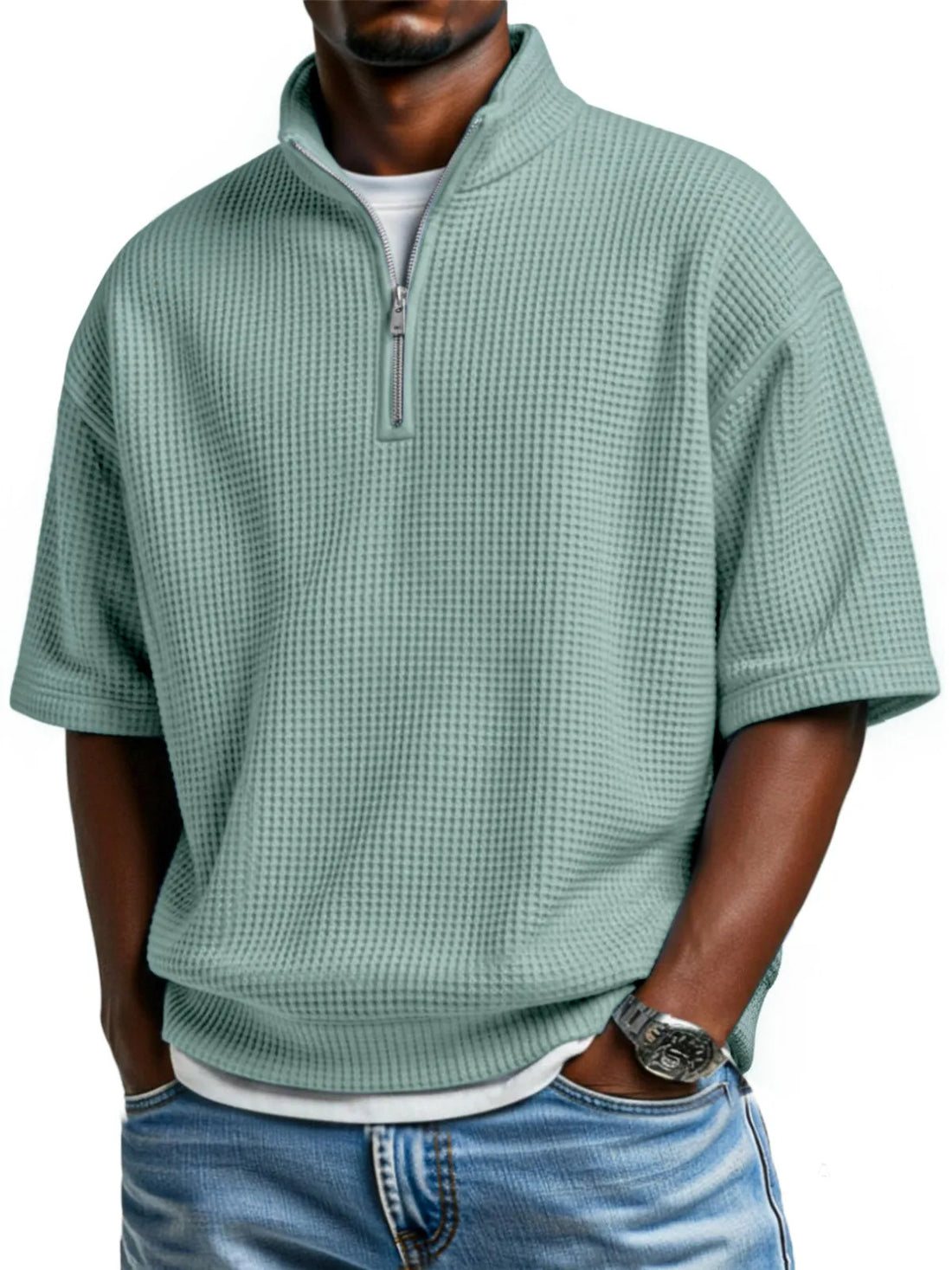 Waffle-knit Short-sleeve Polo Shirt For Men Loose-fitting Half-zip T-shirt - cas7m
