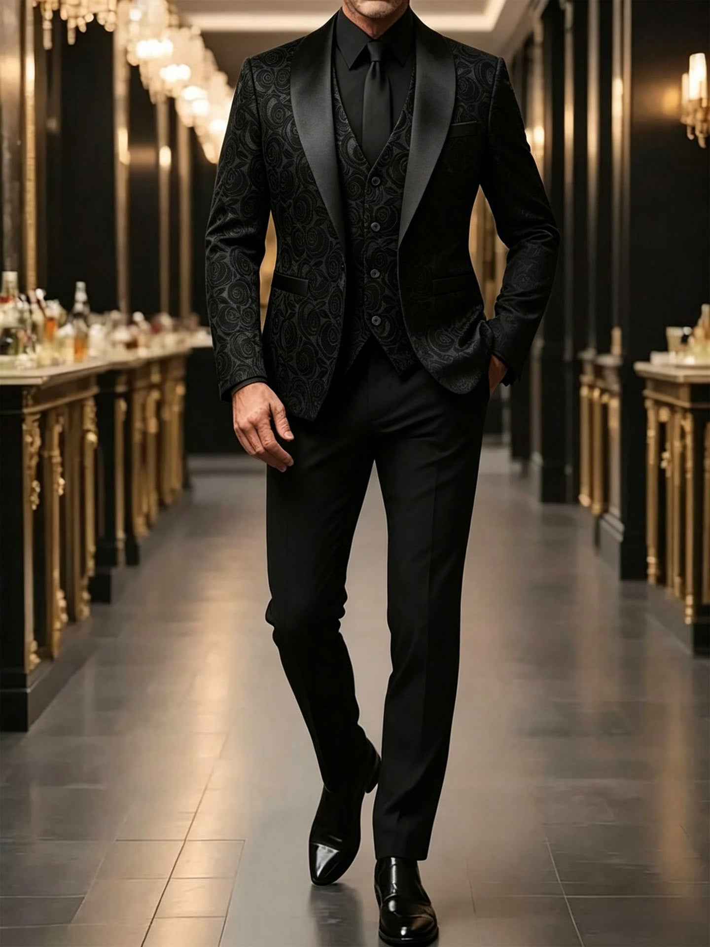 Mens Jacquard Formal Waistcoat Suit Three-piece Set - cas7m
