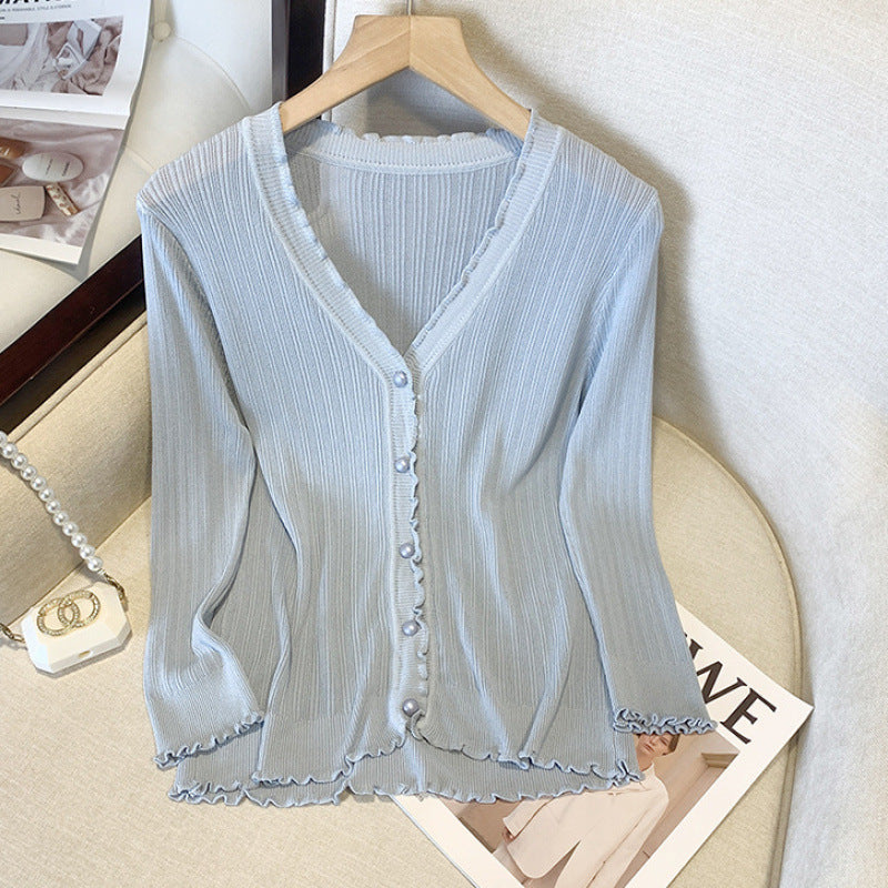 Summer Knitted Thin Outerwear Shawl Womens Long-Sleeve Short Sun-Protective Jacket - cas7m