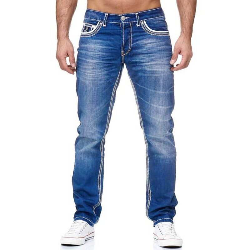 Men's White Distressed Mid-rise Loose Straight-leg Jeans - cas7m