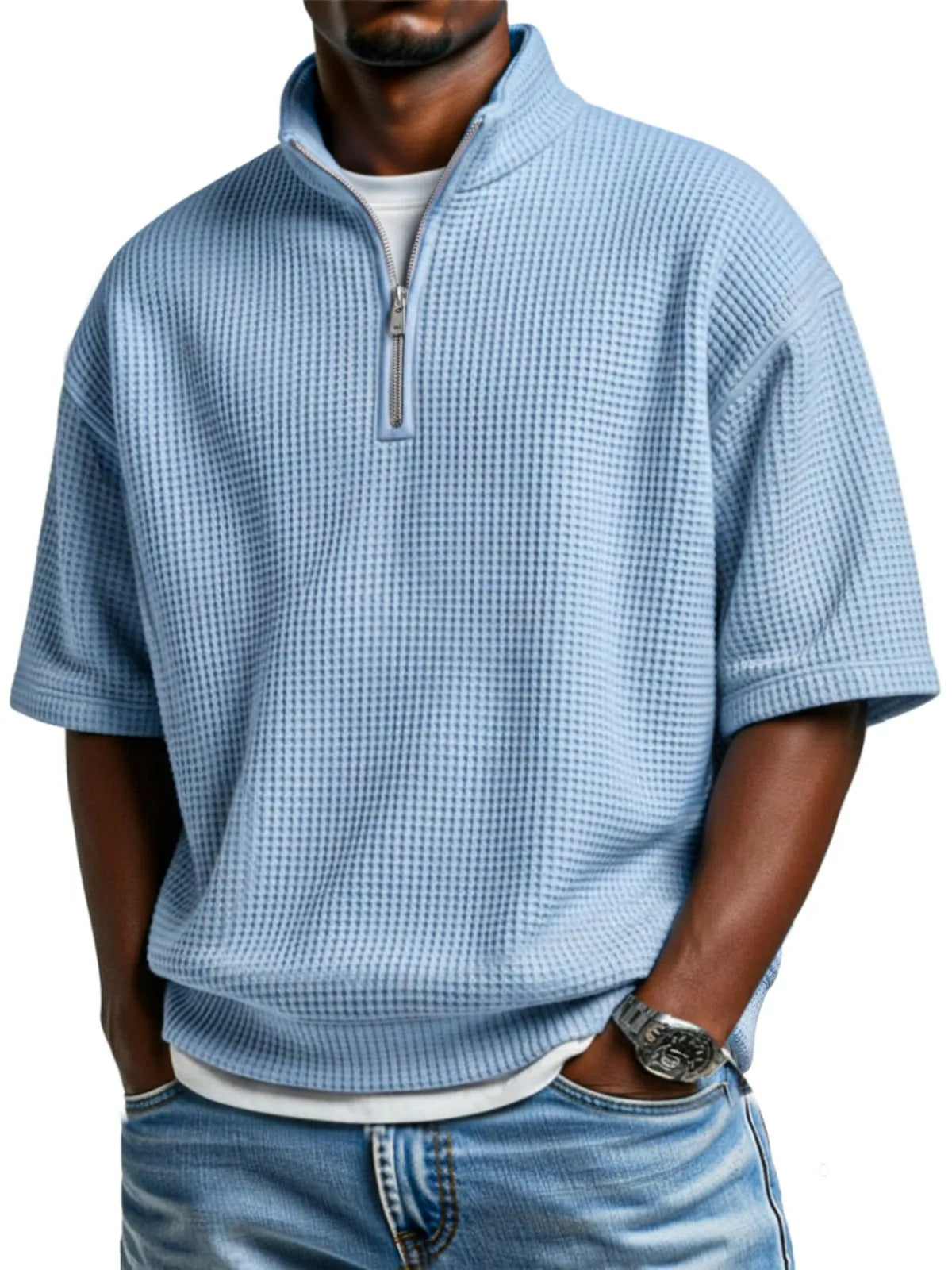 Waffle-knit Short-sleeve Polo Shirt For Men Loose-fitting Half-zip T-shirt - cas7m