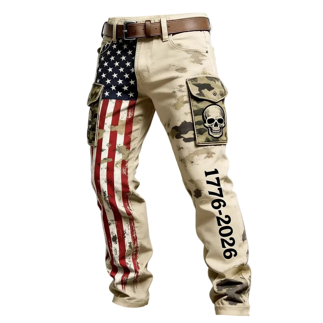 Camouflage pants with American flag and skull design on a textured background