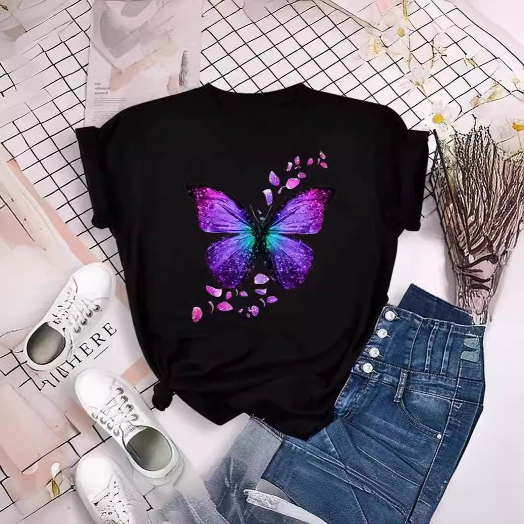 Colorized Butterfly Petal Printed T-shirt Short Sleeve Round Neck - cas7m