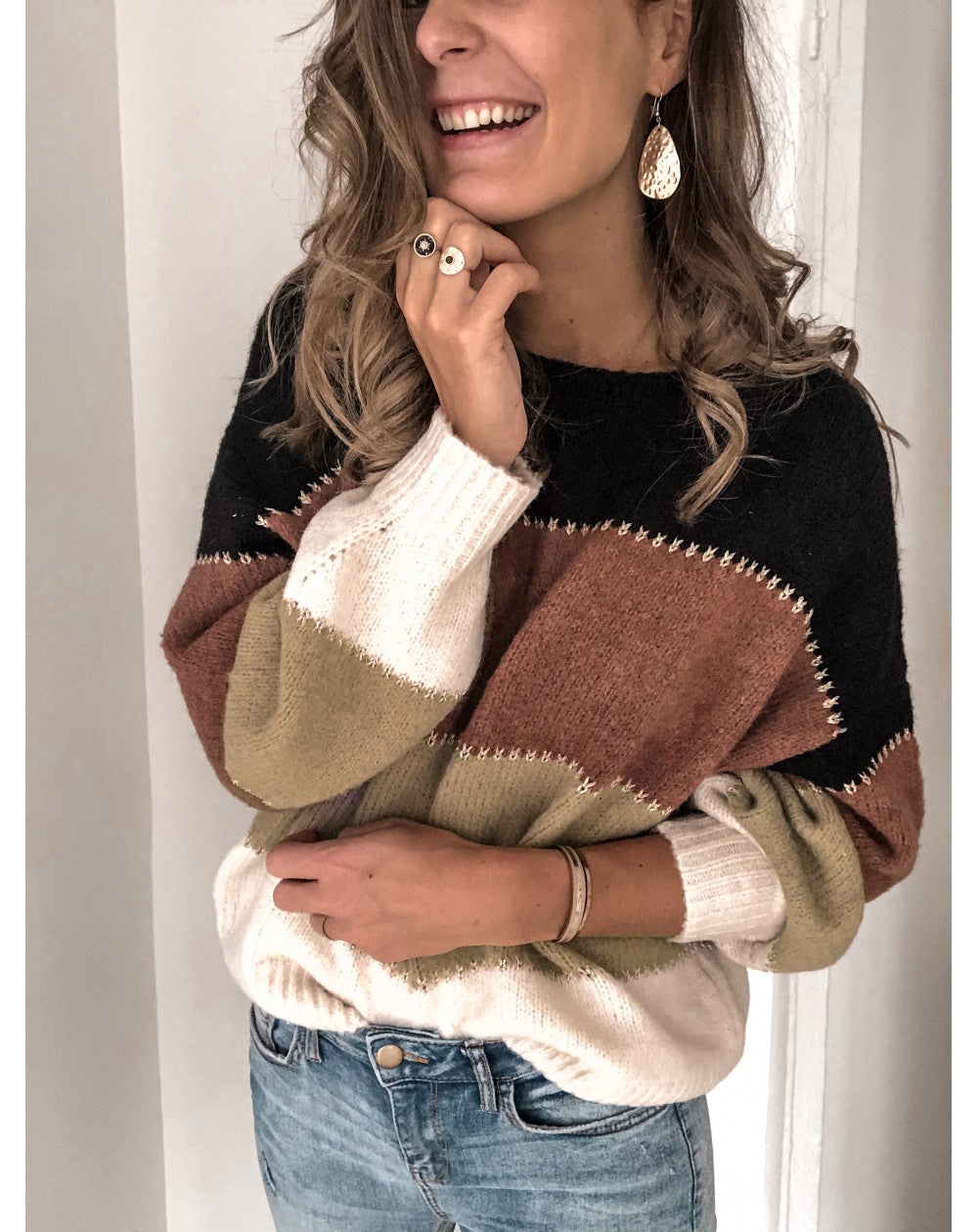 Women Sweater Pullover Round Neck Stripe Long Sleeve Sweater Coat Women Fashion Autumn Knitwear - cas7m