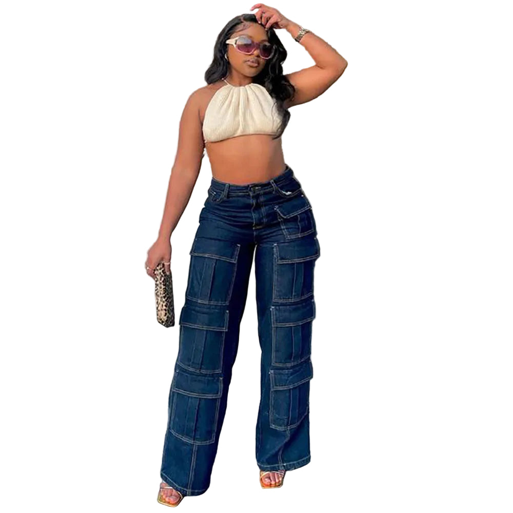 Women's Straight Leg Jeans High-Waisted Cargo Pants with Multiple Pockets and Topstitching Street Fashion Style