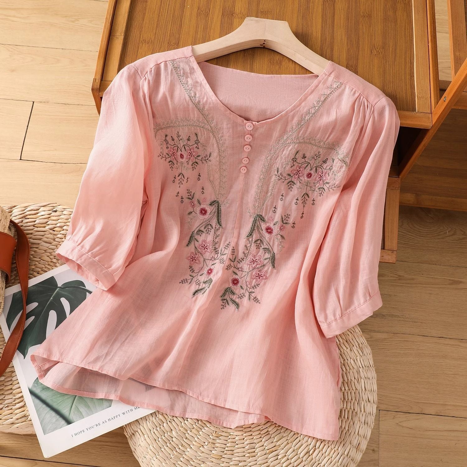 Short Sleeve Top Pullover Embroidered Chinese Women's Loose Slimming And All-matching - cas7m
