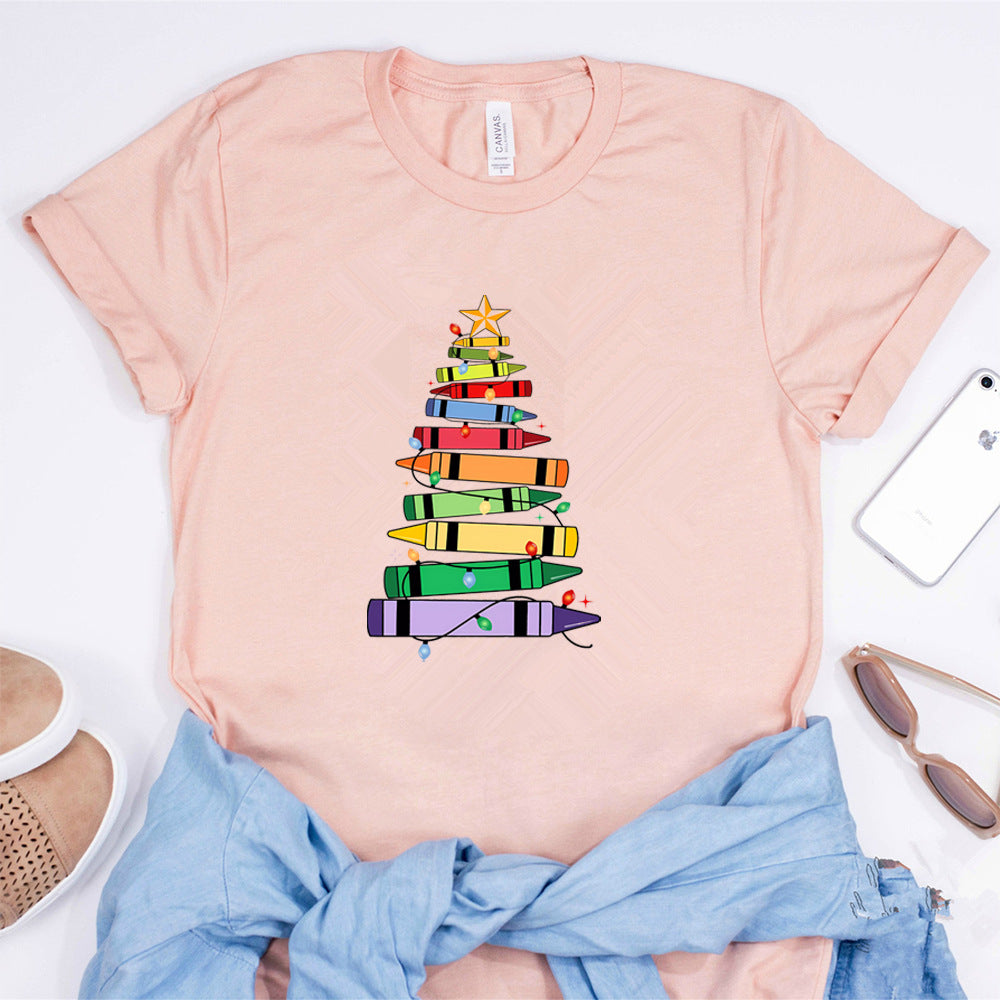 Crayon Christmas Tree Print Design Women's T-shirt - cas7m