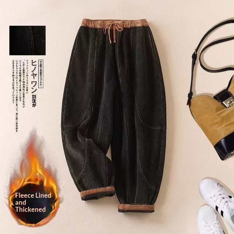 Women's Corduroy Fleece Lined Thick Harem Pants - cas7m