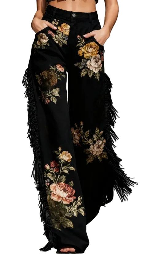 Retro Floral Print Fringed Wide-Leg Pants - cas7m