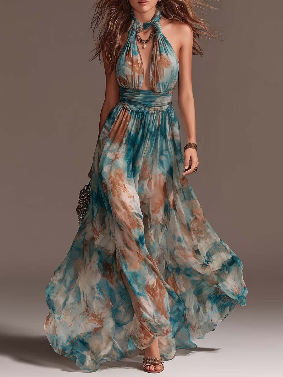 Halterneck Backless Casual Long Dress With Ink-wash Floral Print - cas7m