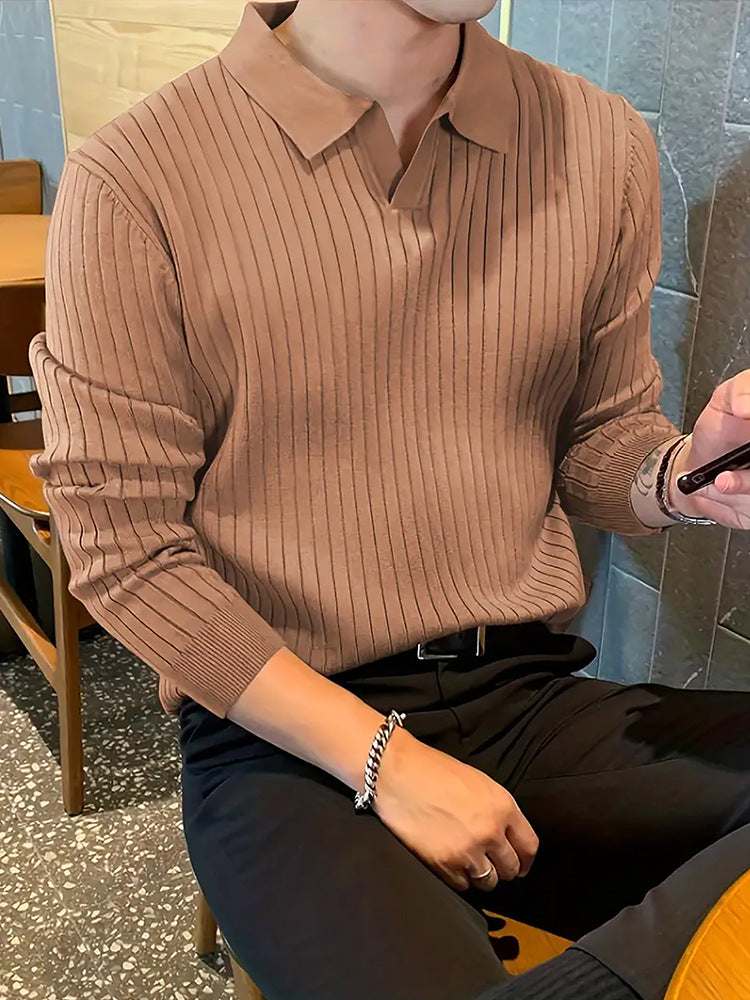 Lapel Texture Stretch Slim Knit Polo Shirt Men Polo Shirt Fashion Waffle Long-sleeved Tops Clothing Casual Comfortable Golf Men's Clothing - cas7m