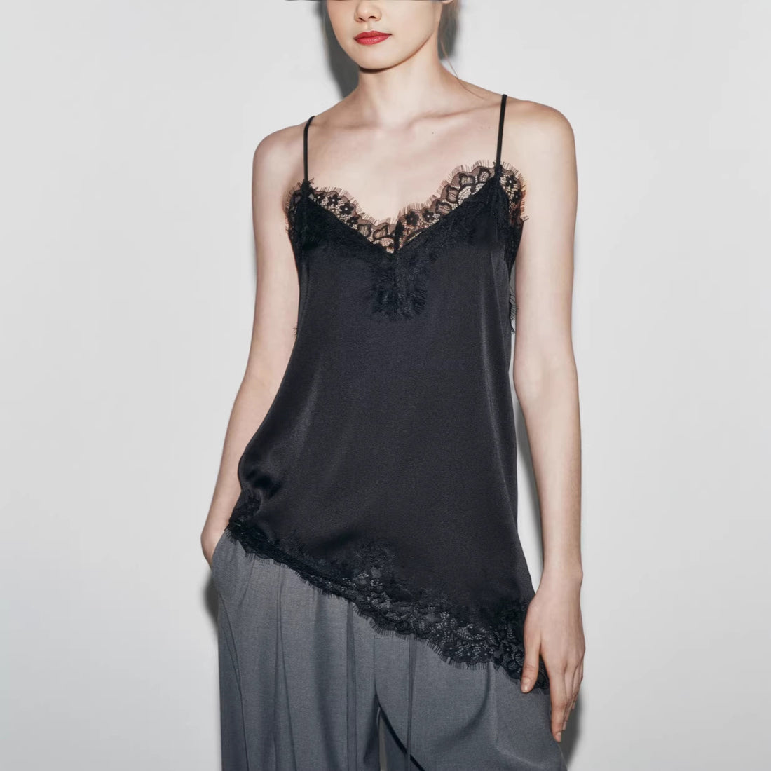 Womens Lace-Panel Irregular Adjustable Tank Top - cas7m