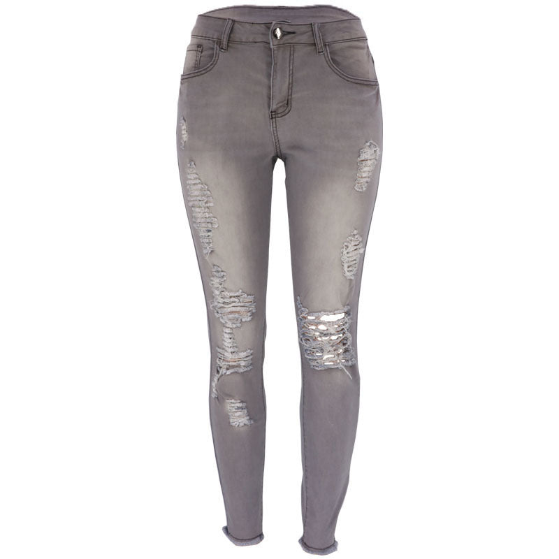 Women's Fashion Elastic Slim Fit Ripped Skinny Jeans - cas7m