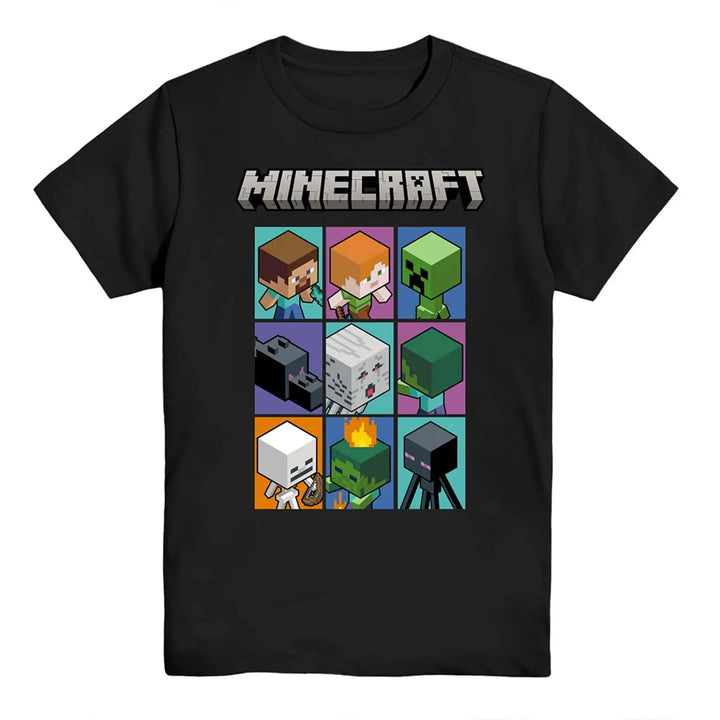 Black t-shirt with Minecraft character and block design on a white background