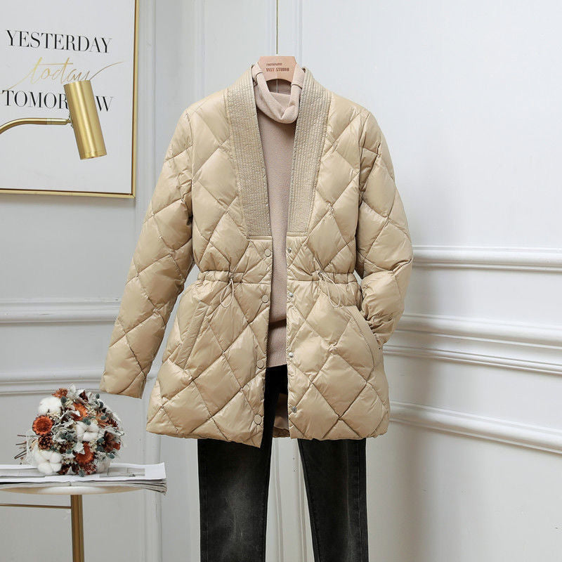 Rhombus Cotton-padded Jacket Women's Mid-length Large V-neck Jacket - cas7m