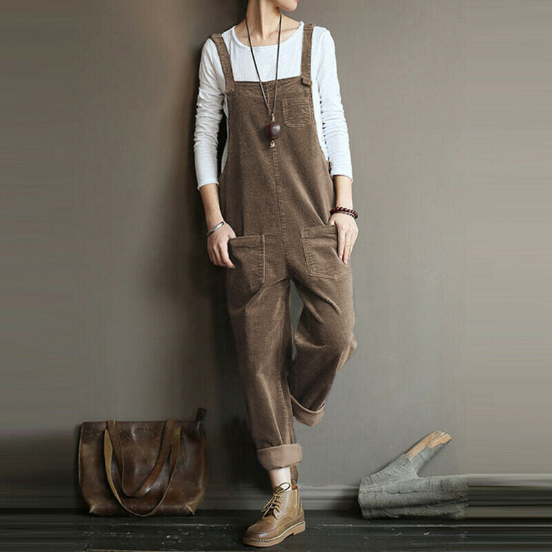 Women's Corduroy Solid Color Casual Bib Pants - cas7m