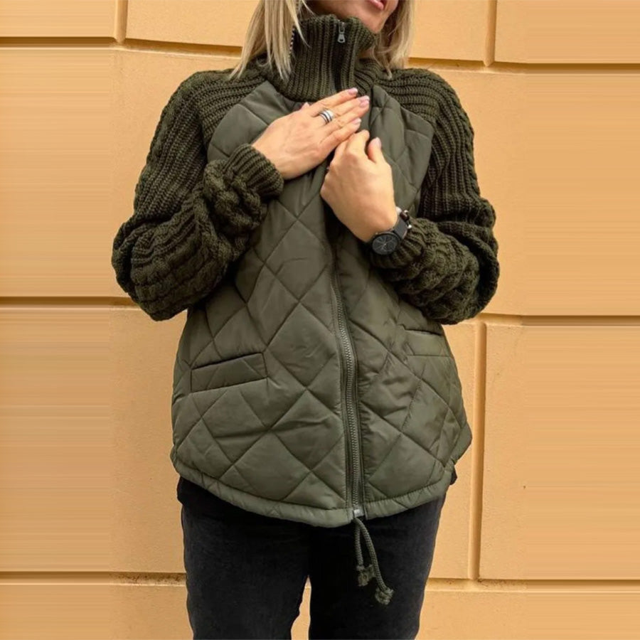 Winter Stand Collar Cotton Jacket With Pockets Fashion Knitted Stitching Zipper Coat Warm Tops For Women Clothing - cas7m