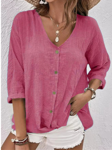 V-neck Long-sleeved T-shirt Fashion Solid Color Button Top Casual Loose Clothing For Women - cas7m