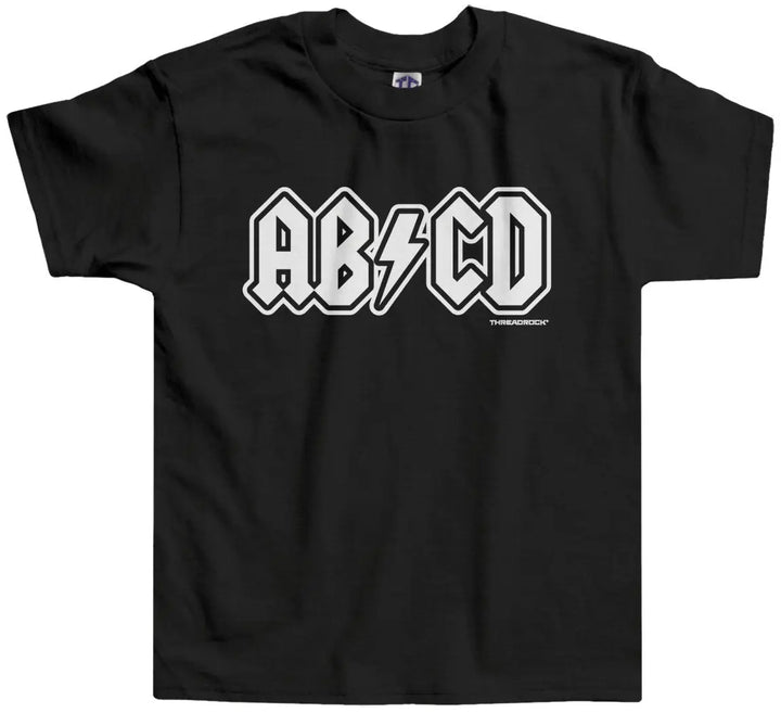 Black t-shirt with 'AB/CD' design on a white background