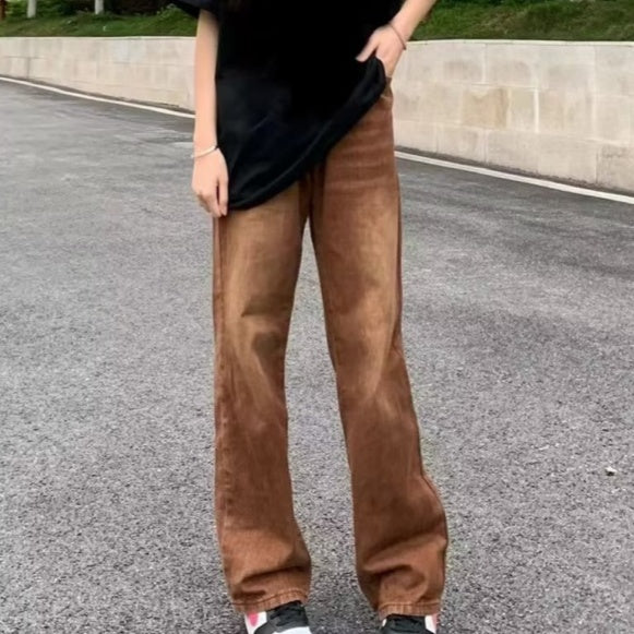 American Retro Brown Straight-leg Denim Pants - cas7m