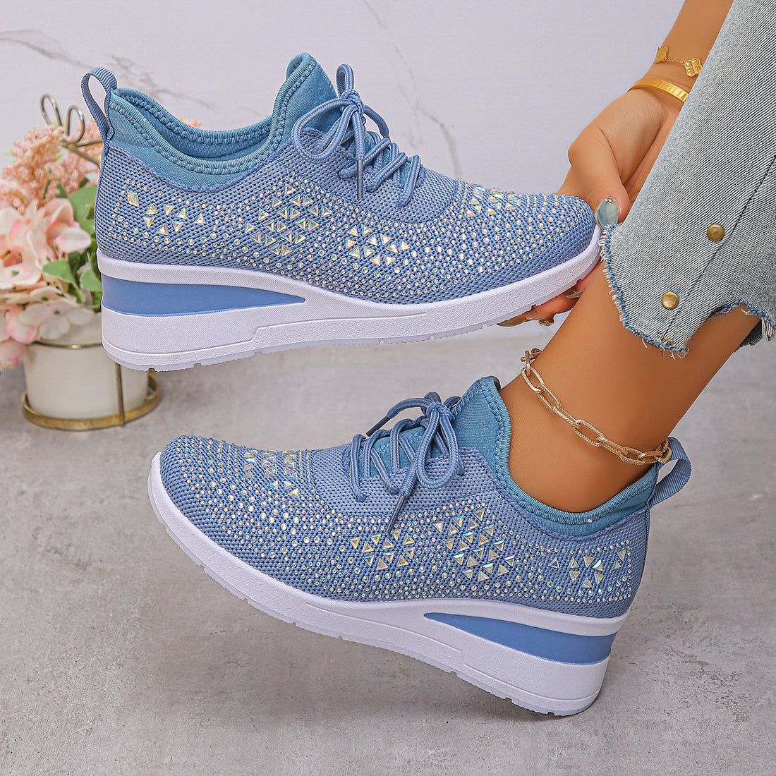 Ins Rhinestone Sneakers Fashion Lace Up Wedges Casual Shoes Women's Daily Commuting Sports Shoes - cas7m