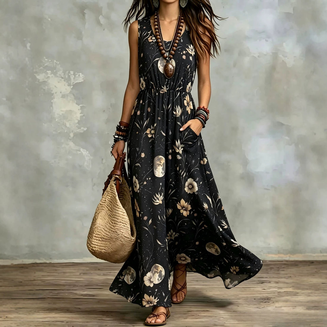 Elegant Sleeveless Printed Long Dress With Pockets - cas7m