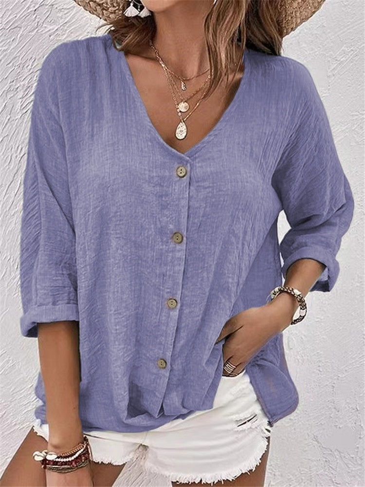 V-neck Long-sleeved T-shirt Fashion Solid Color Button Top Casual Loose Clothing For Women - cas7m