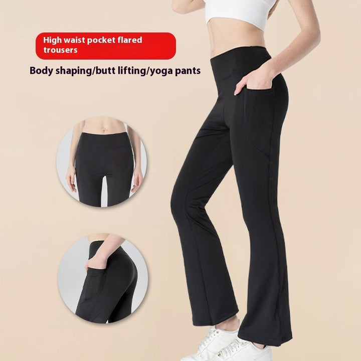 Ladies Mid Waist Abdominal-shaping Slimming Cropped Pants Casual Pocket Bootcut Trousers - cas7m