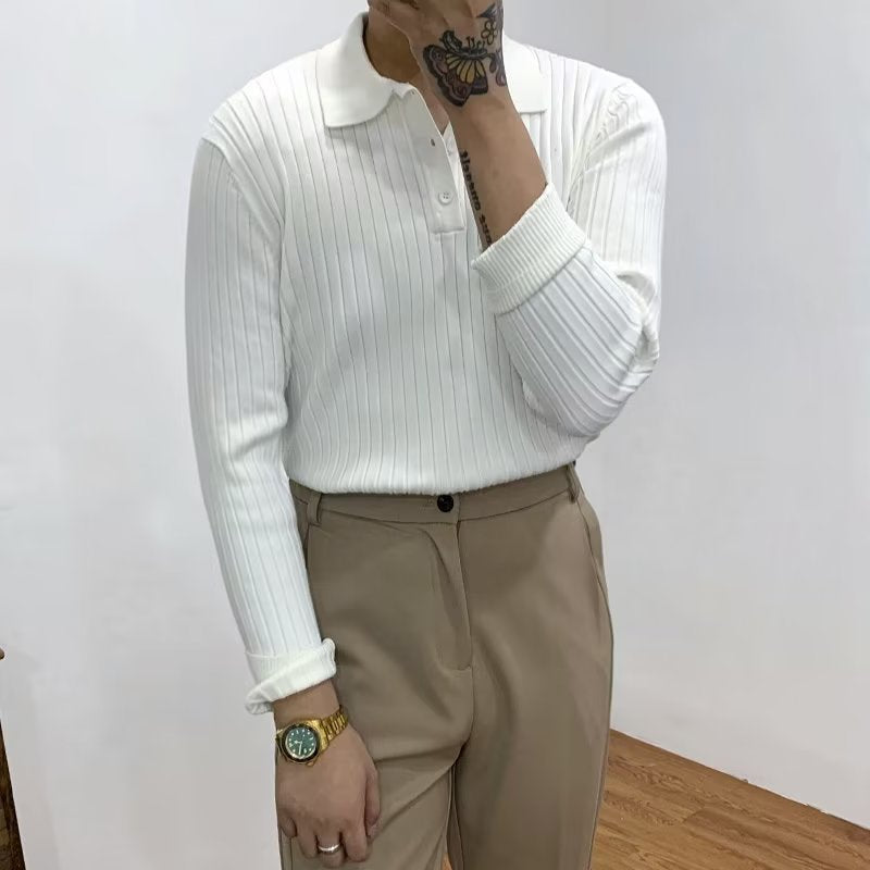 Lapel Texture Stretch Slim Knit Polo Shirt Men Polo Shirt Fashion Waffle Long-sleeved Tops Clothing Casual Comfortable Golf Men's Clothing - cas7m