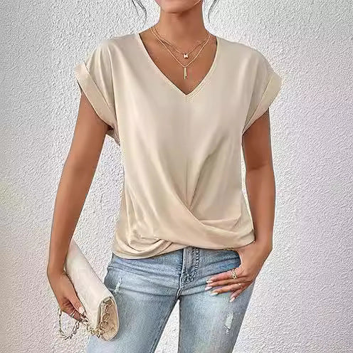 Fashion V-neck Short-sleeve T-shirt Summer Casual Irregular Knot Top For Women Clothing - cas7m