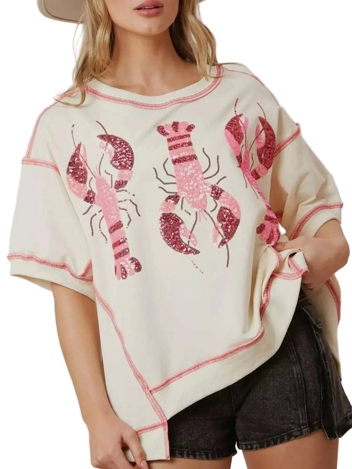 Sequin Lobster Half Sleeve T-Shirt - cas7m
