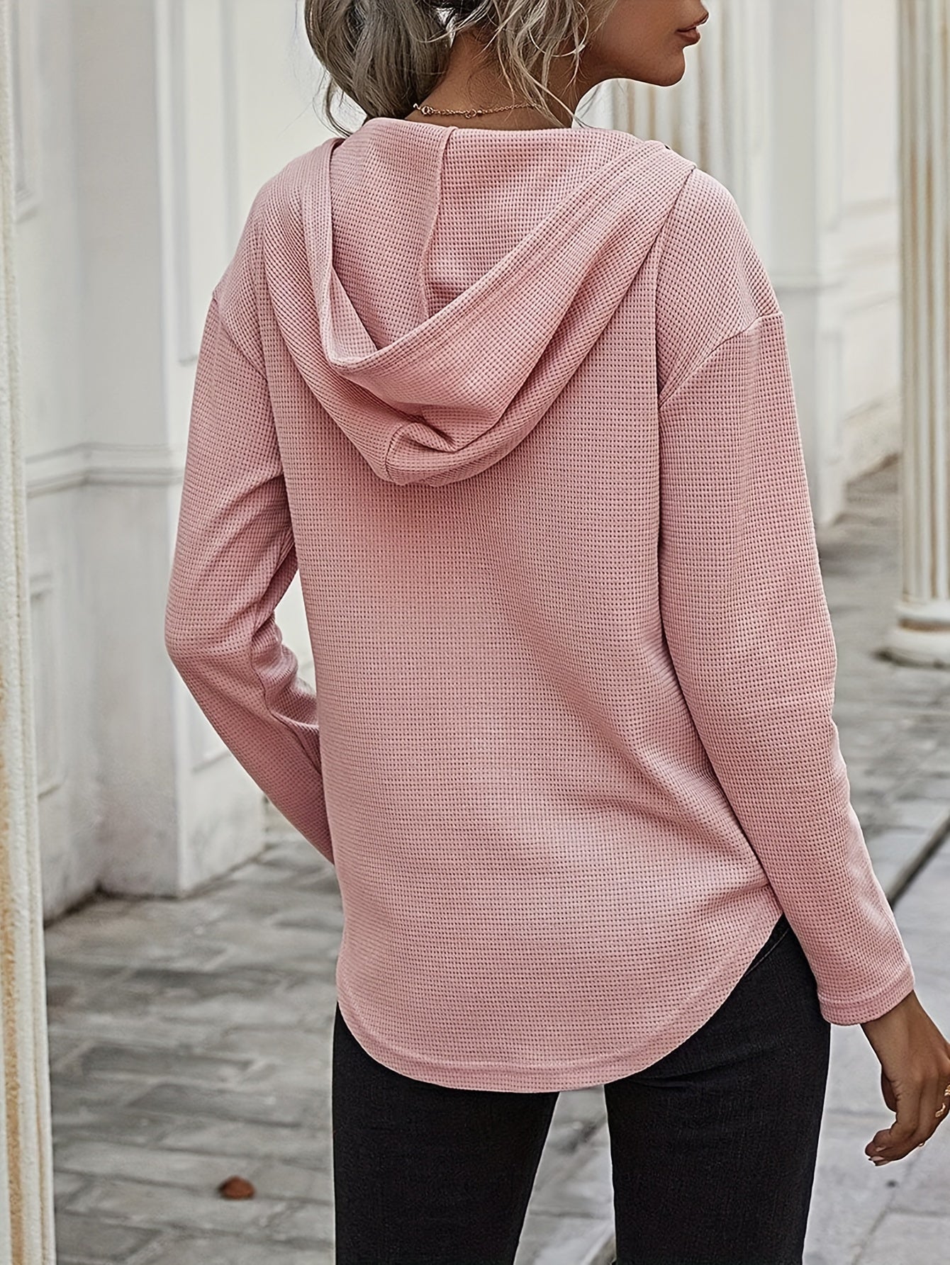 Elegant Beige Hanky Hem V-Neck Hoodie For Women - cas7m