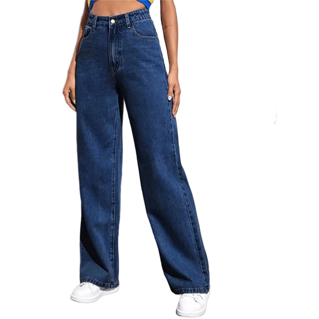 Blue jeans worn by a person with additional color options displayed below on a white background
