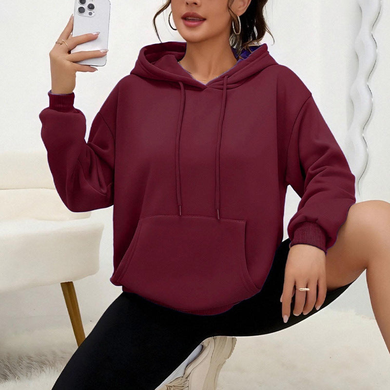 All-matching Loose Drawstring Pocket Sweatshirt Long Sleeve Women - cas7m