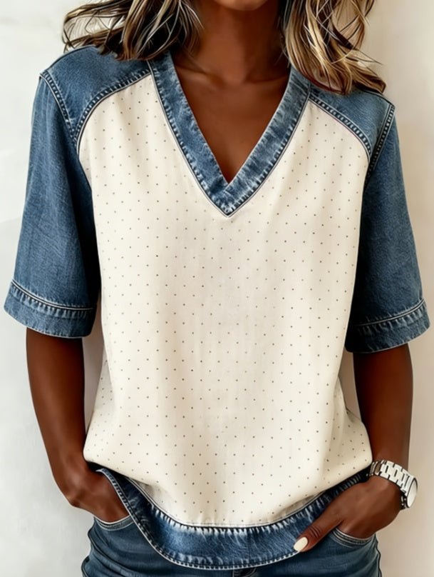 Color-blocked V-neck Raglan Sleeve T-shirt For Women, Loose Fit, Casual And Versatile Short Sleeve. - cas7m