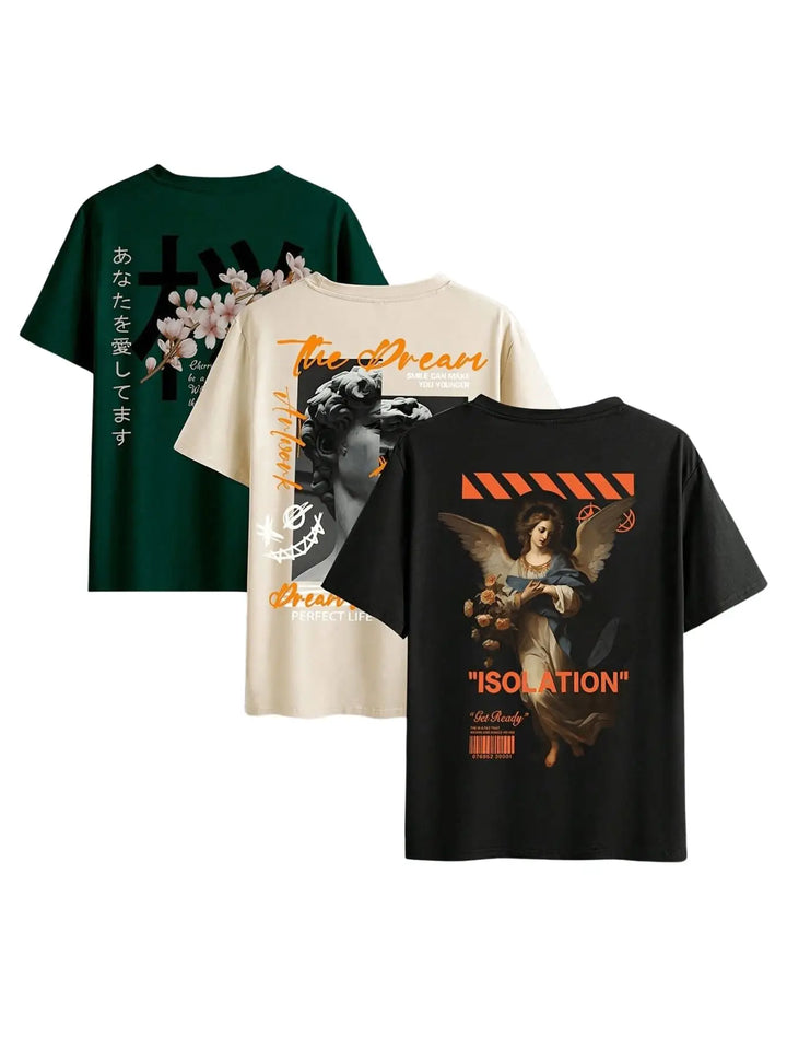 Three t-shirts with different designs on a white background
