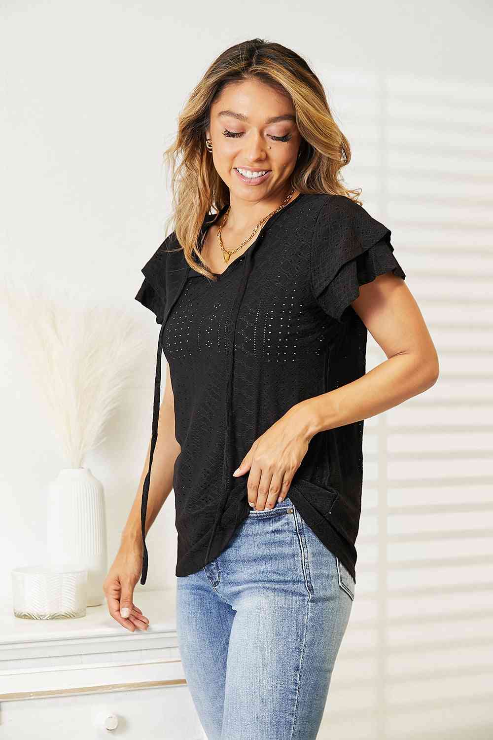Elegant Eyelet Flutter Blouse