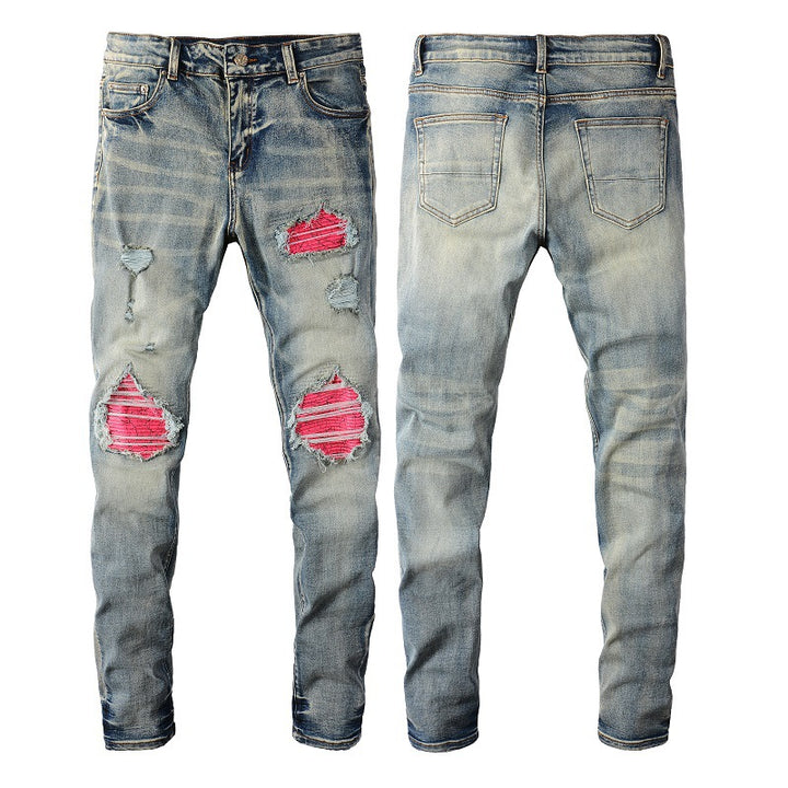 Men's Frayed And Worn Washed Ink Painting Slim Jeans - cas7m
