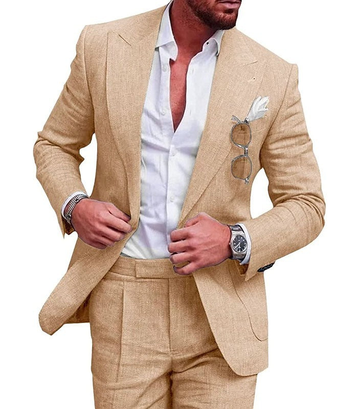 Men's Large Single Row One Button Solid Color Suit Two-piece Set - cas7m