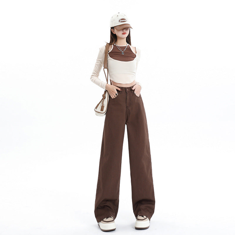 Retro Brown High Waist Straight Pants Women's Wide Leg Mop Pants - cas7m